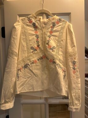 NWT Caroline Constas Cream Embroidered Floral Boho Blouse Size XS